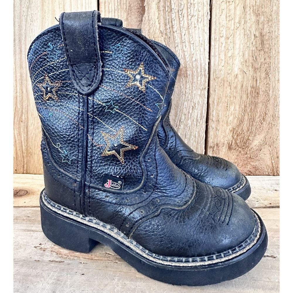 Justin Gypsy Western Cowboy Boots Black Stars Kid’s 8.5 D Rodeo
